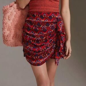 Dolan Anthropologie Red Colorful Patterned Boho Fall Ruched Ruffle Mini Skirt XS